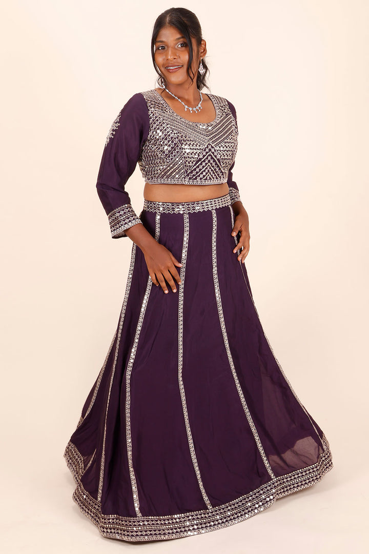 Purple Net Silk Embroidered Lehenga 