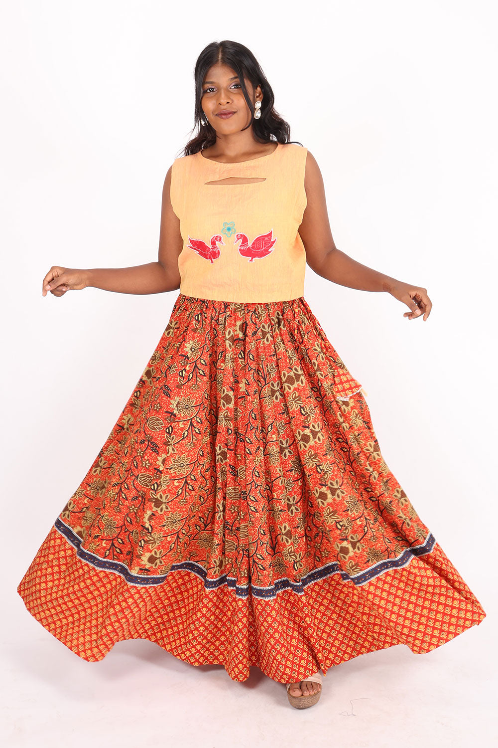 Orange Hand Block Printed Cotton Skirt