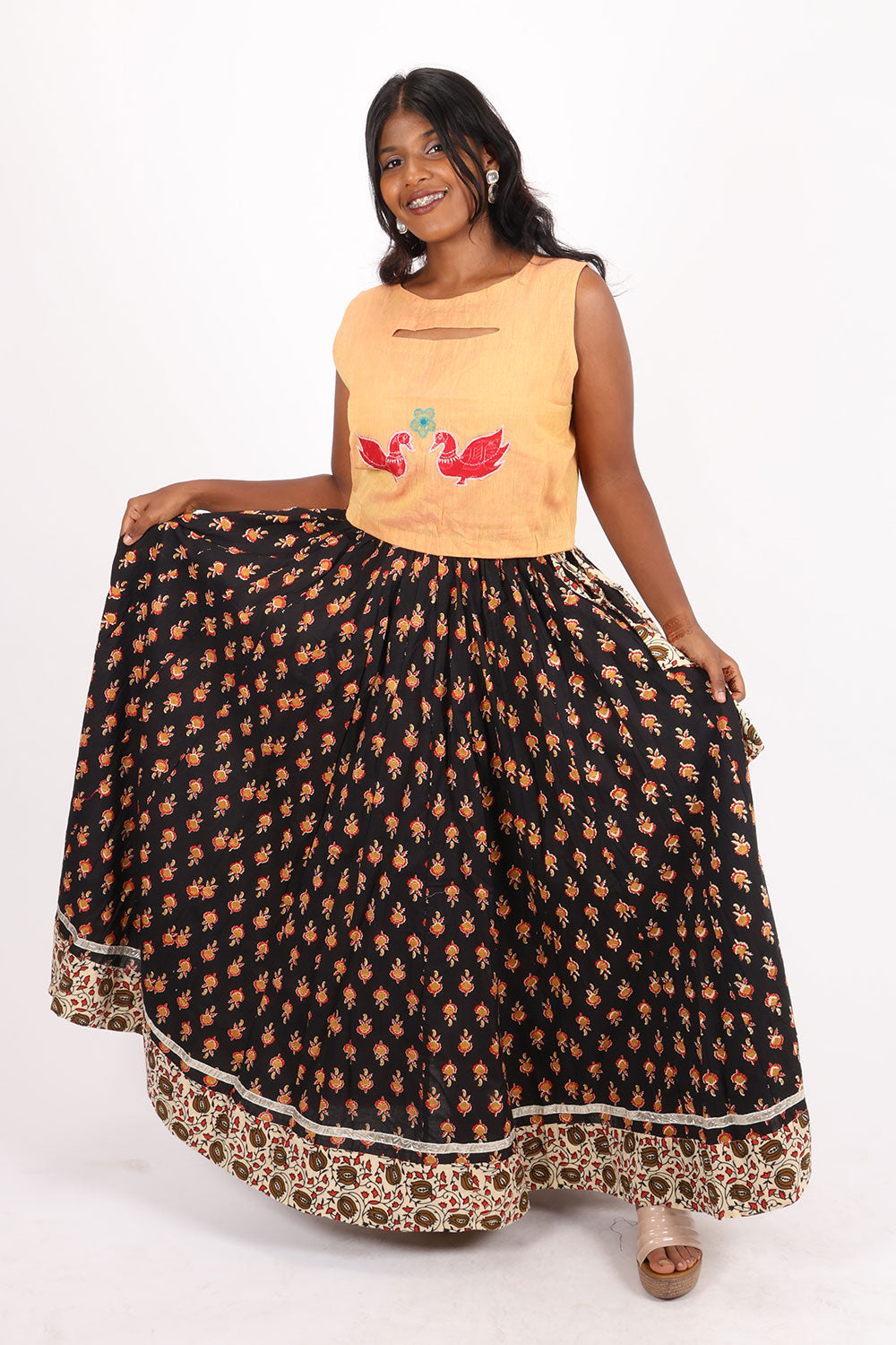 Black Hand Block Printed Cotton Skirt 