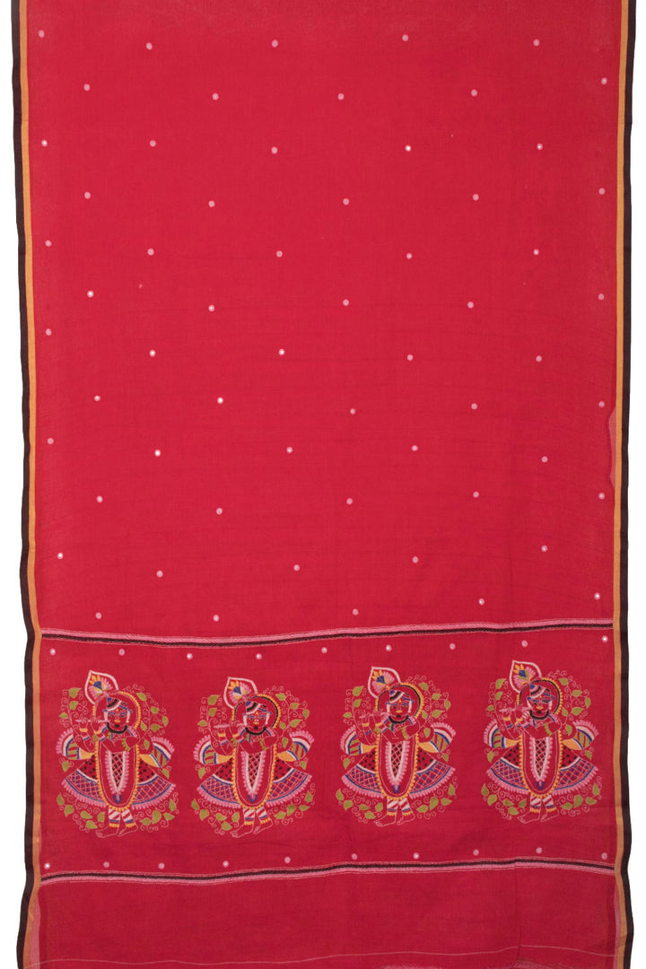 Red Kantha Embroidered Cotton Saree - Avishya