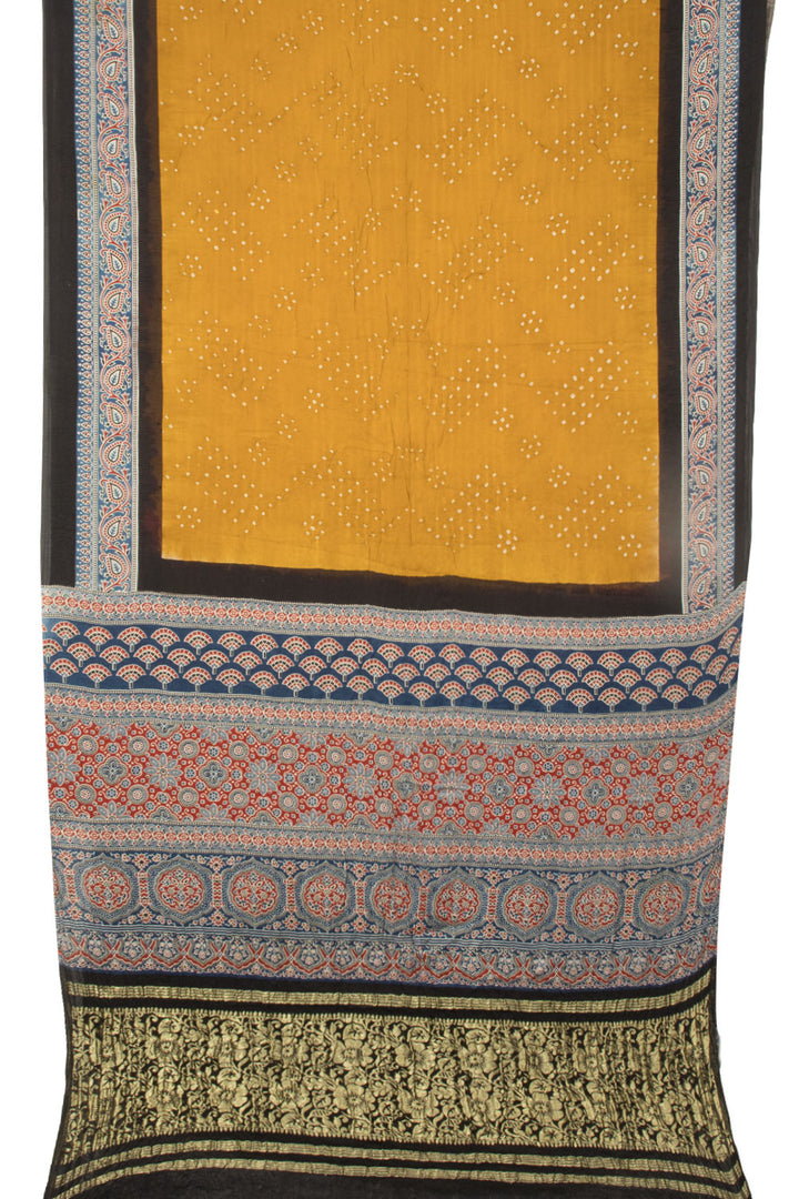 Yellow Handwoven Bandhani Ajrakh Printed Modal Silk Saree - Avishya