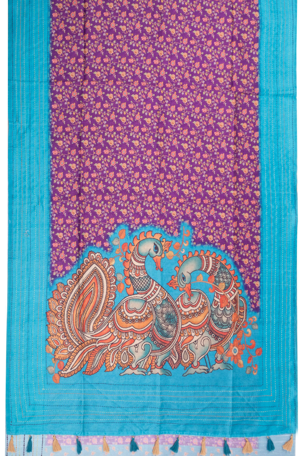 Violet Printed Kalamkari Tussar Silk Saree with Kantha Border 10070519