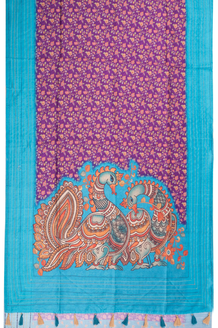 Violet Printed Kalamkari Tussar Silk Saree with Kantha Border 10070519