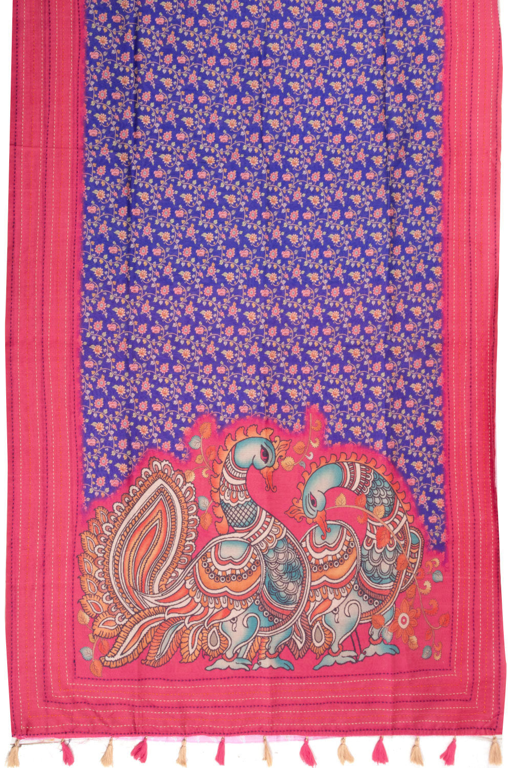 Blue Printed Kalamkari Tussar Silk Saree with Kantha Border 10070521