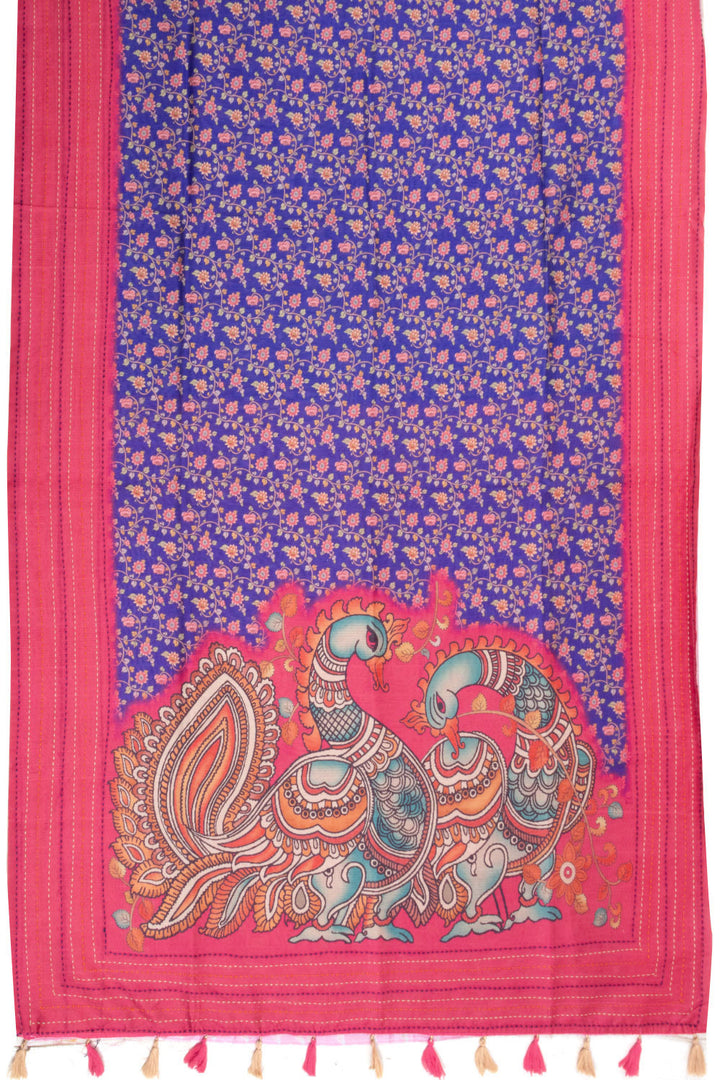 Blue Printed Kalamkari Tussar Silk Saree with Kantha Border 10070521