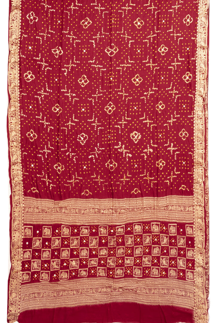 Red Bandhani Gajji Silk Saree with Mirror and Zari Embroidery 10073075