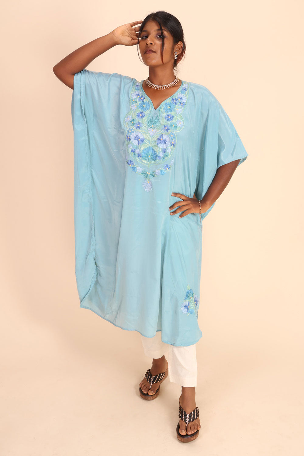 Blue Sozni Embroidered Crepe Silk Kaftan