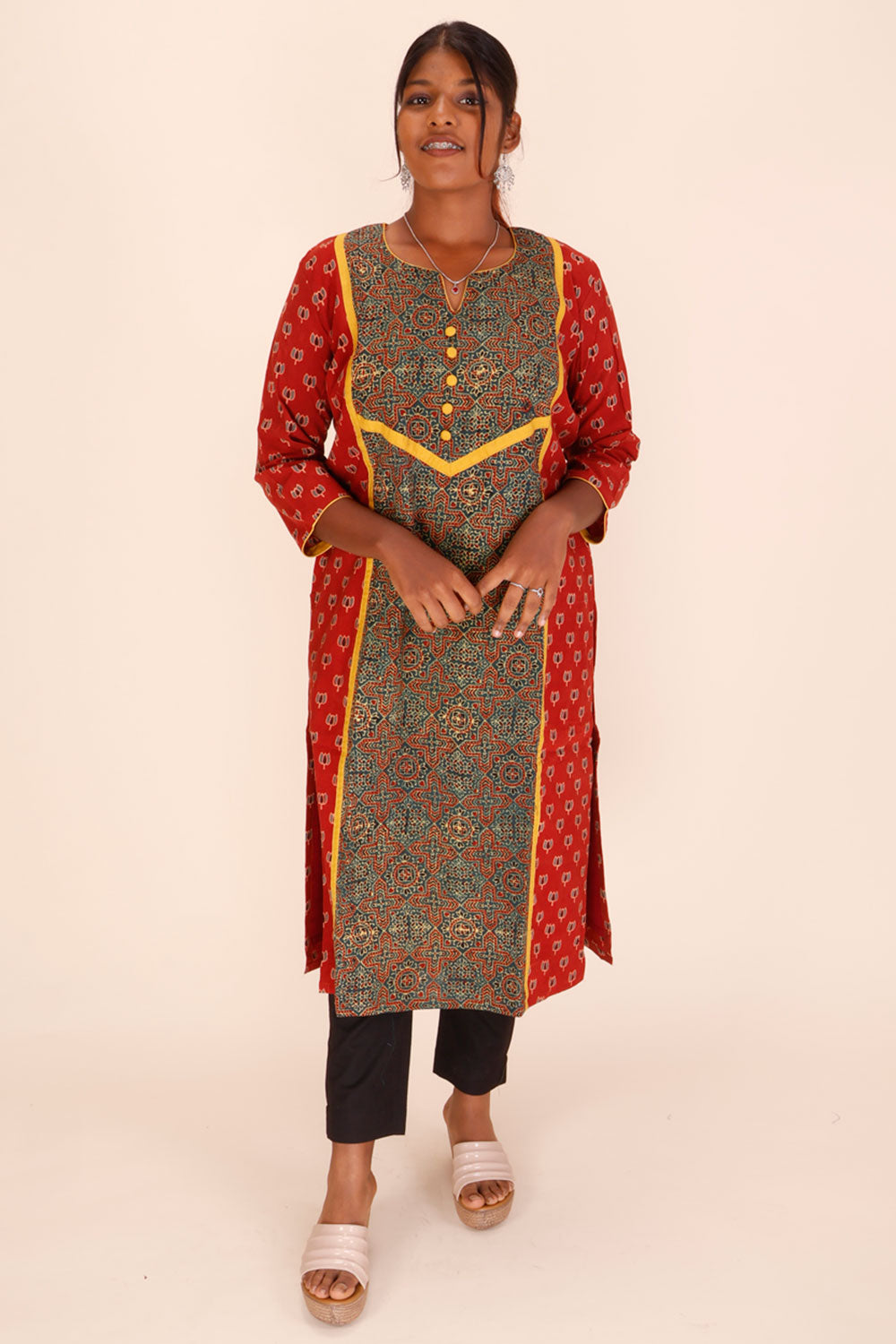 Red Ajrakh Printed Cotton Kurta 10067398