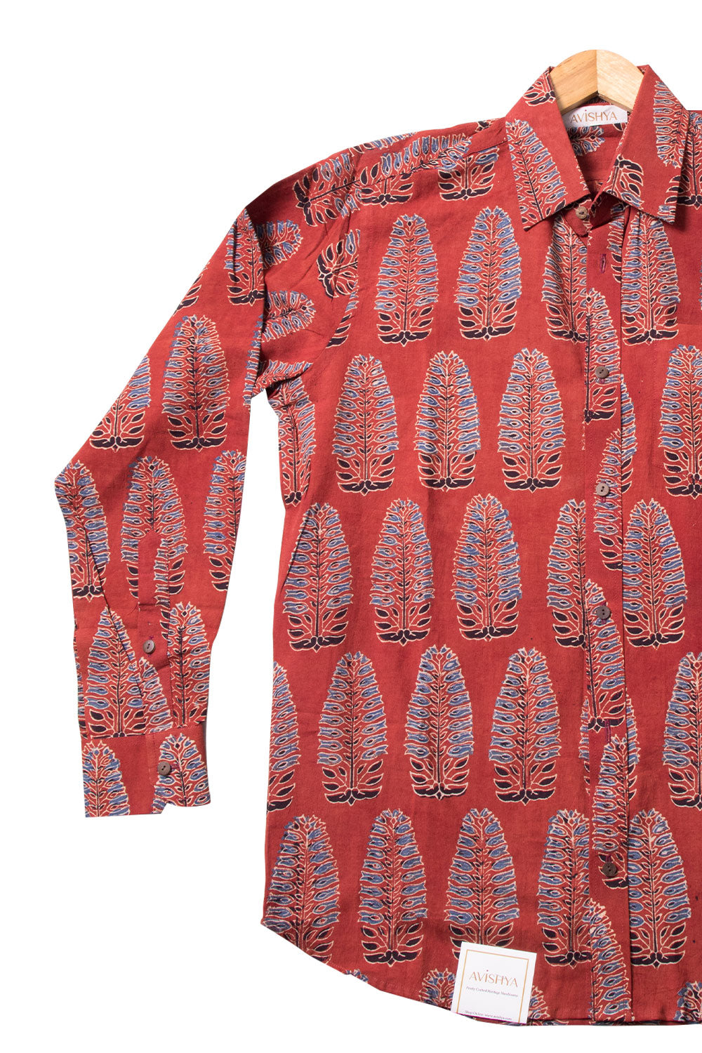 Red Full Sleeve Ajrakh Printed Cotton Mens Shirt