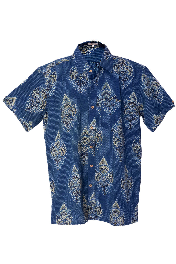 Blue Half Sleeve Ajrakh Printed Cotton Mens Shirt 10072987