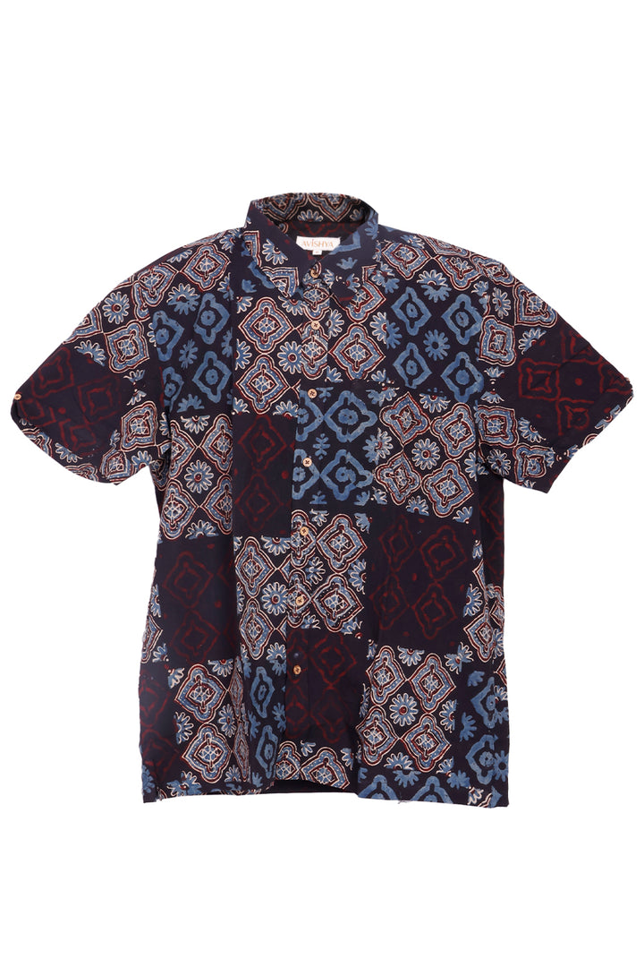 Black Half Sleeve Ajrakh Printed Cotton Mens Shirt 10072991