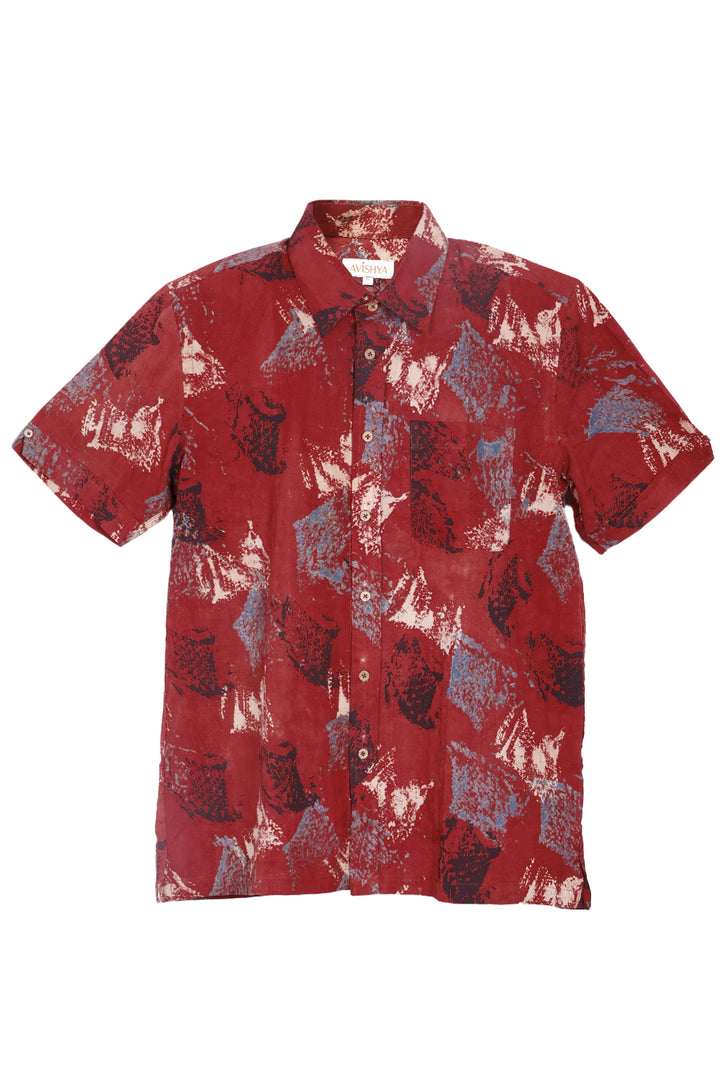 Red Half Sleeve Ajrakh Printed Cotton Mens Shirt 10072995