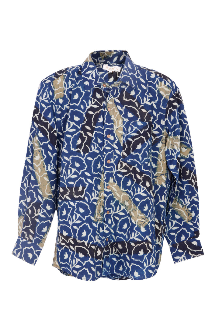 Blue Full Sleeve Ajrakh Printed Cotton Mens Shirt 10073001