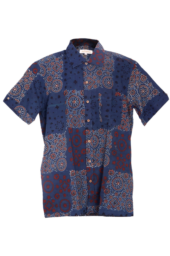 Blue Half Sleeve Ajrakh Printed Cotton Mens Shirt 10073050