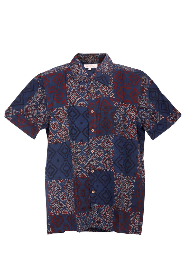 Blue Half Sleeve Ajrakh Printed Cotton Mens Shirt 10073051