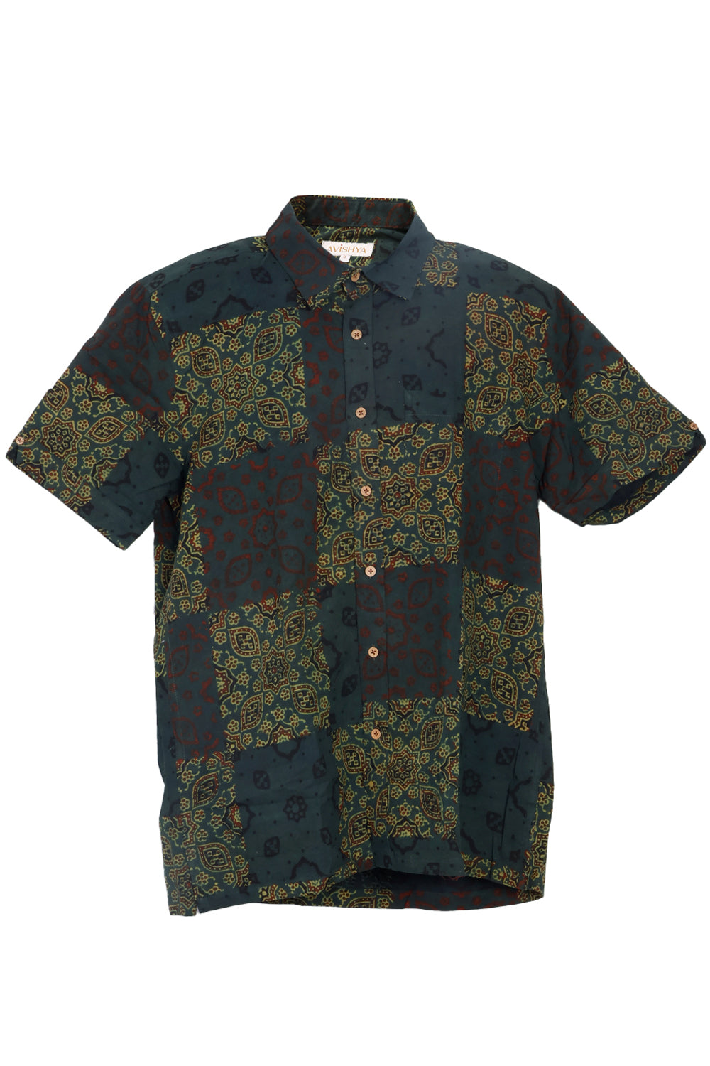 Green Half Sleeve Ajrakh Printed Cotton Mens Shirt 10073054