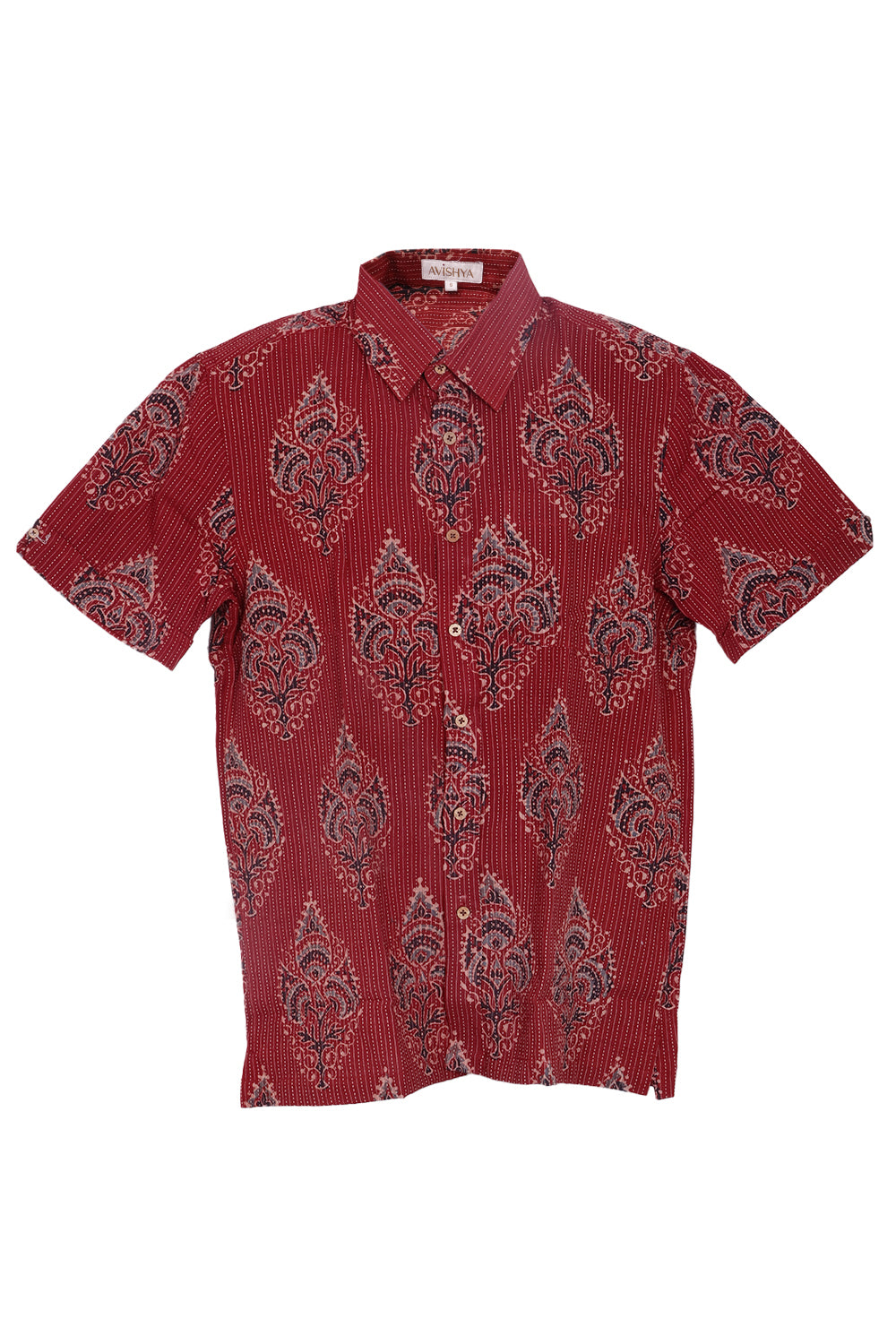 Red Half Sleeve Ajrakh Printed Cotton Mens Shirt 10073055