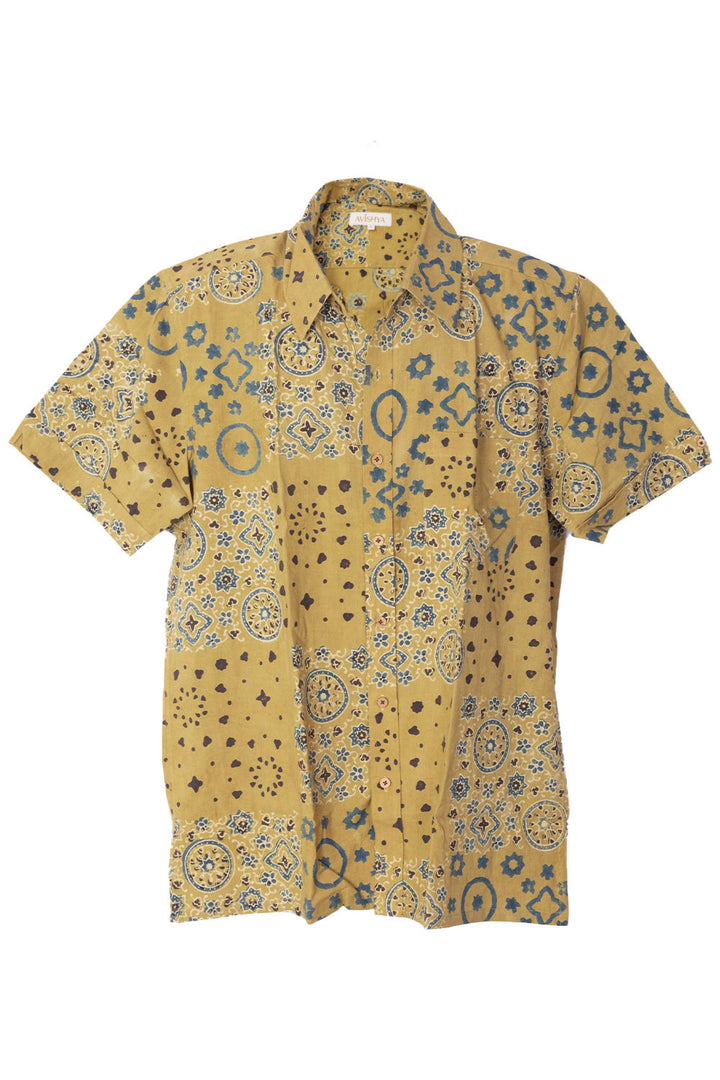 Yellow Half Sleeve Ajrakh Printed Cotton Mens Shirt 10073057