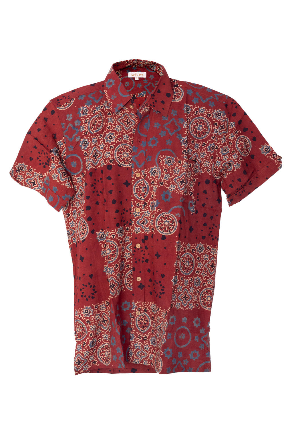 Red Half Sleeve Ajrakh Printed Cotton Mens Shirt 10073060