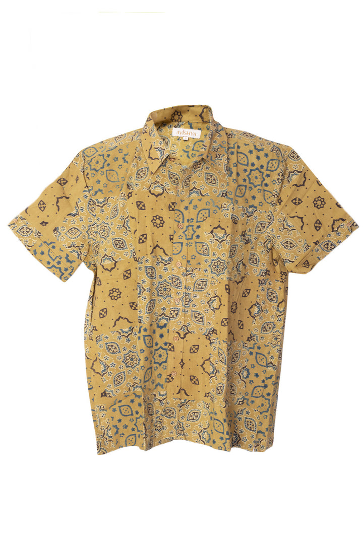 Yellow Half Sleeve Ajrakh Printed Cotton Mens Shirt 10073065