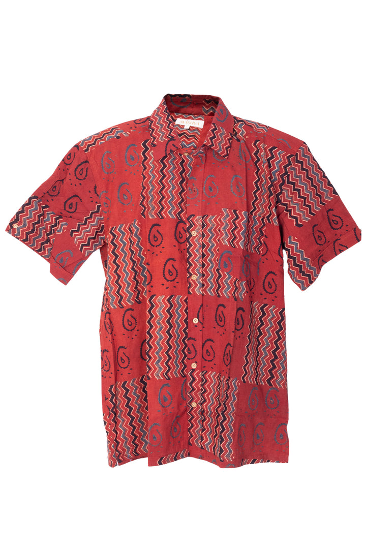 Red Half Sleeve Ajrakh Printed Cotton Mens Shirt 10073172