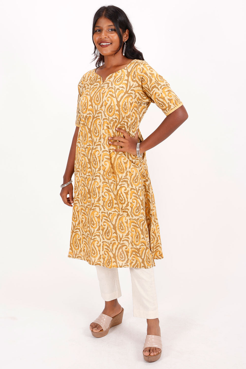 Yellow Hand Block Printed Cotton Kurta