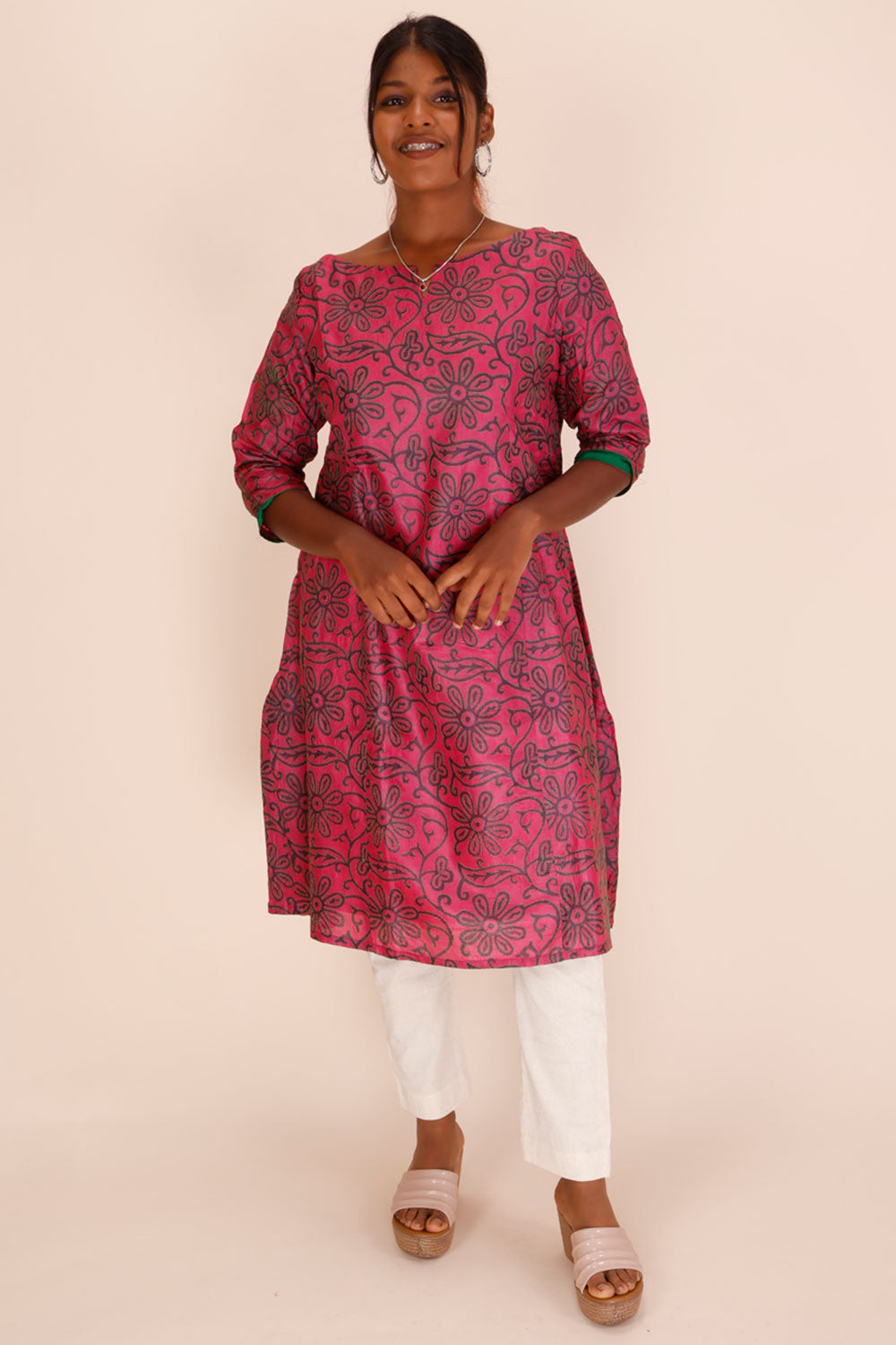 Pink Kantha Embroidered Tussar Silk Kurta 10064088