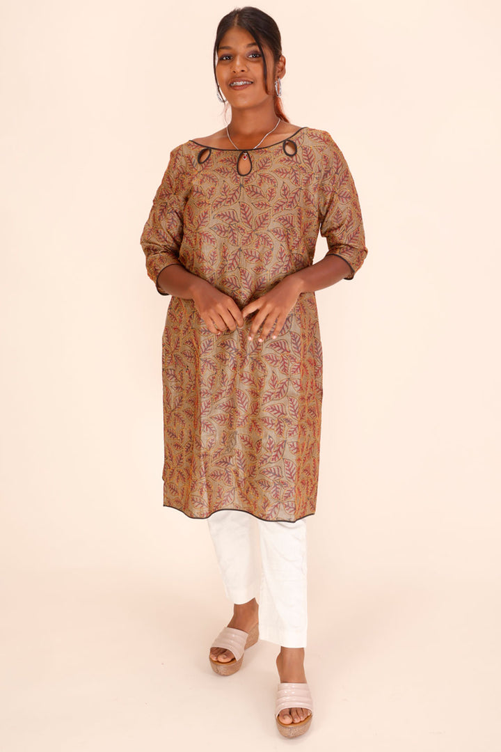 Light Brown  Kantha Embroidered Tussar Silk Kurta 10064096