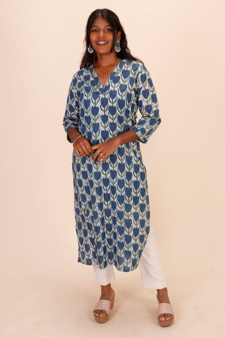 Blue Handblock Printed Vanaspati Cotton Kurta 