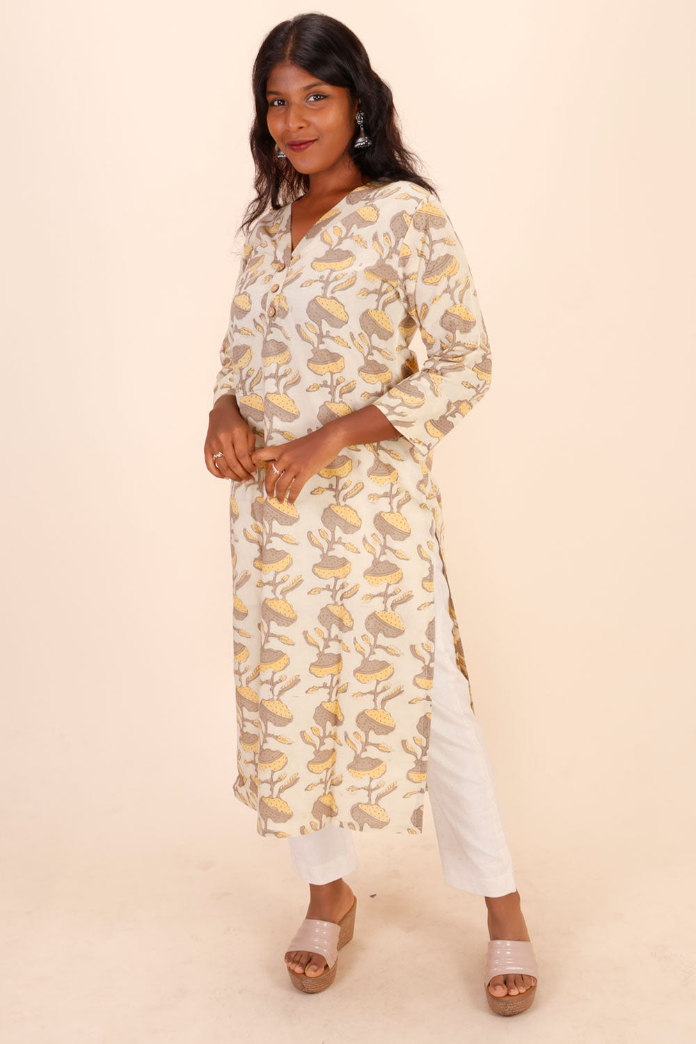 Beige Handblock Vanaspati Printed Cotton Kurta