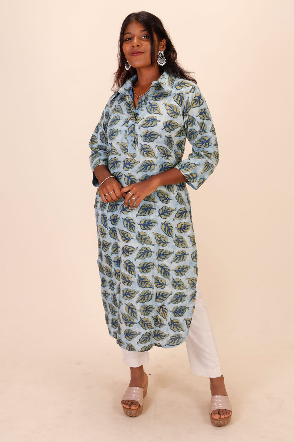 Blue Hand Block Printed Cotton Kurta 10071497