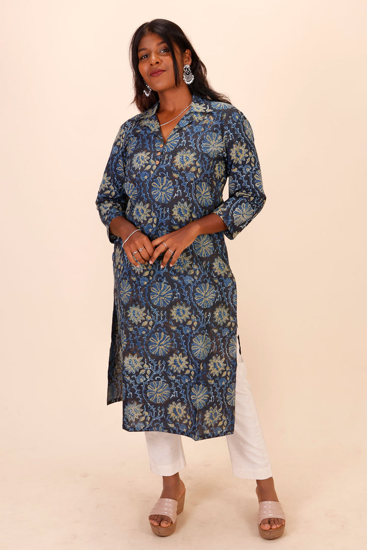  Blue Hand Block Printed Cotton Kurta 10071504