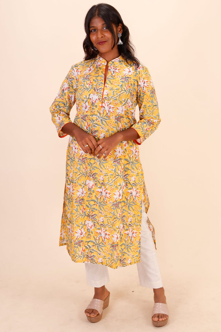 Yellow Handblock Printed Cotton Kurta 