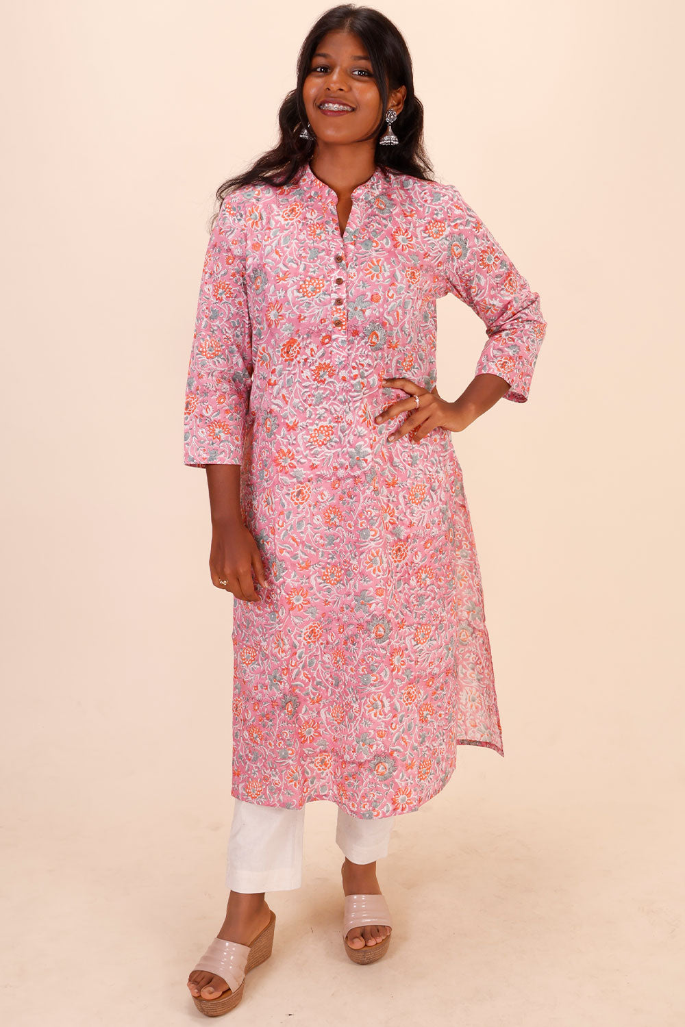 Pink Handblock Printed Cotton Kurta