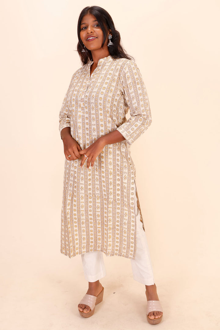 Cream Handblock Printed Cotton Kurta 