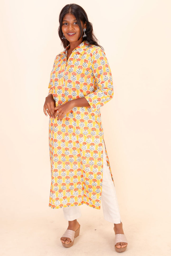 Yellow Handblock Printed Cotton Kurta