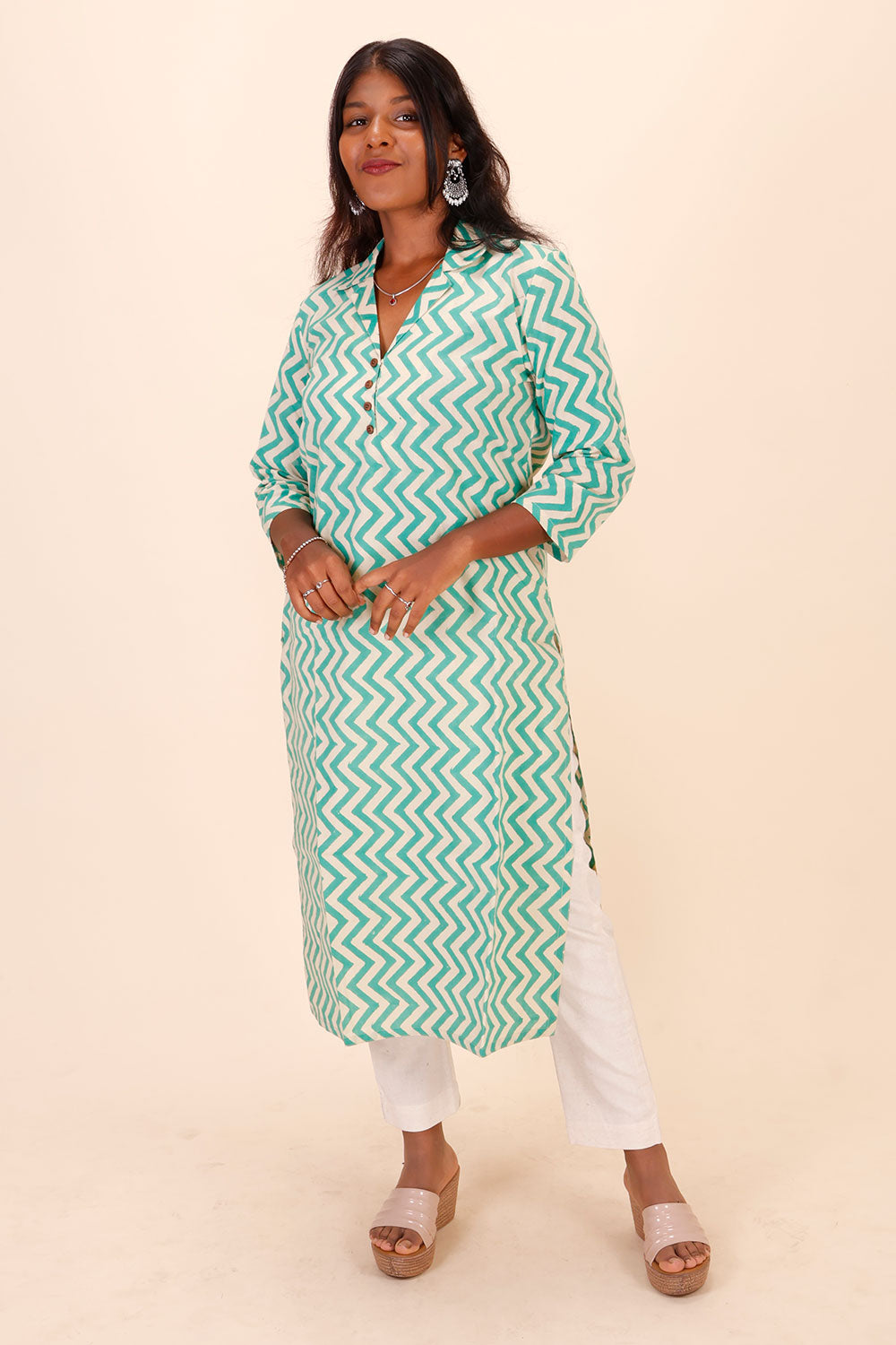 Green Hand Block Printed Cotton Kurta 10071519