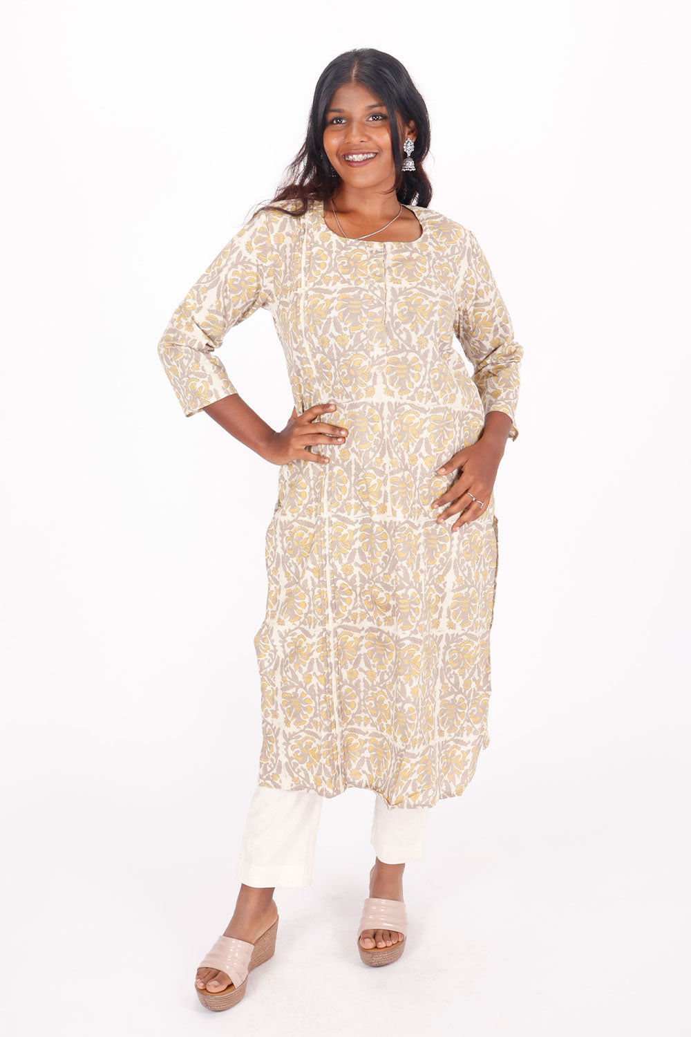 Beige Handblock Vanaspati Printed Cotton Kurta