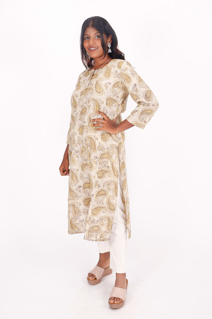 Beige Handblock Vanaspati Printed Cotton Kurta