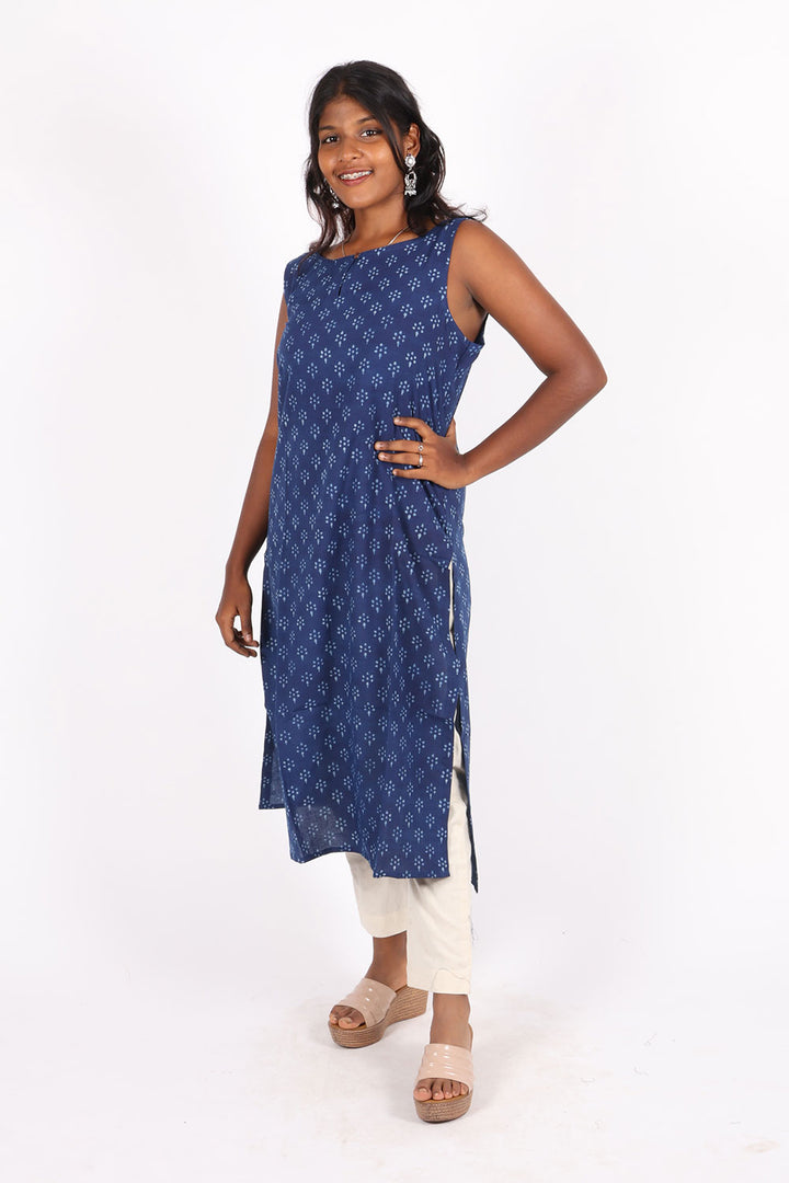 Indigo Hand Printed Cotton Kurta