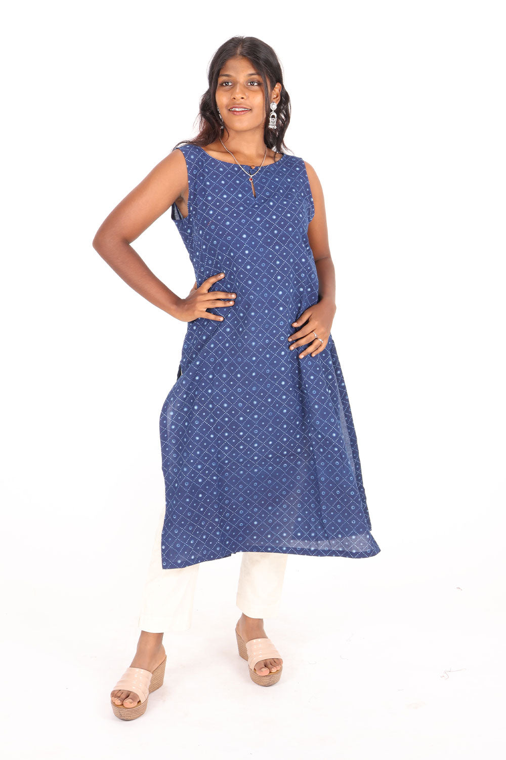 Indigo Hand Printed Cotton Kurta 