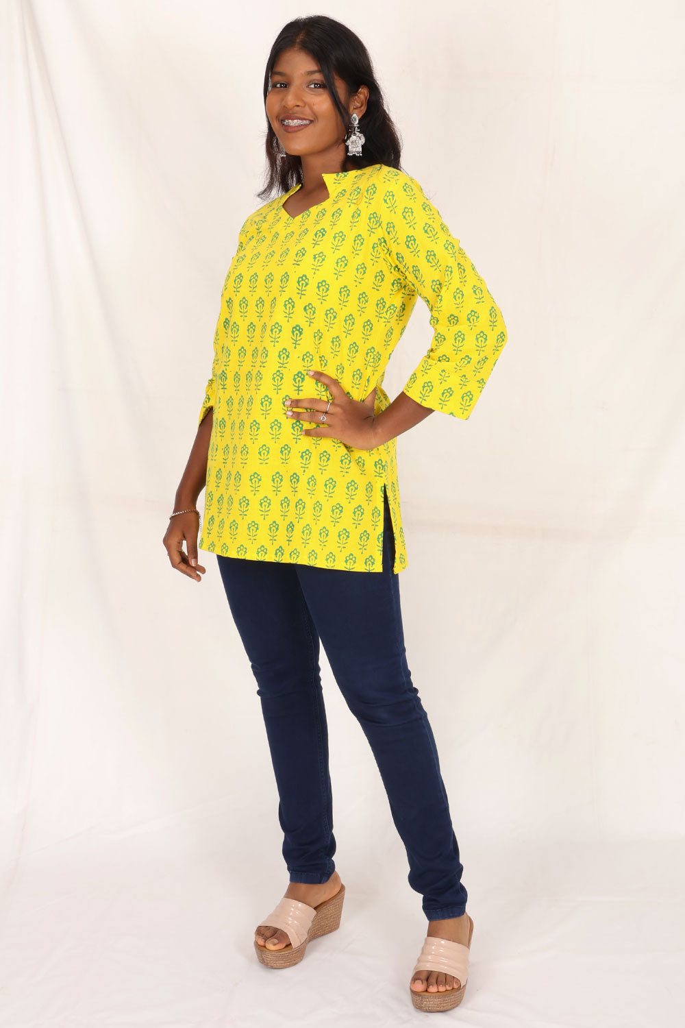 Yellow Gamthi Print Cotton Kurti