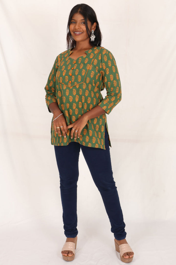 Green Gamthi Print Cotton Kurti