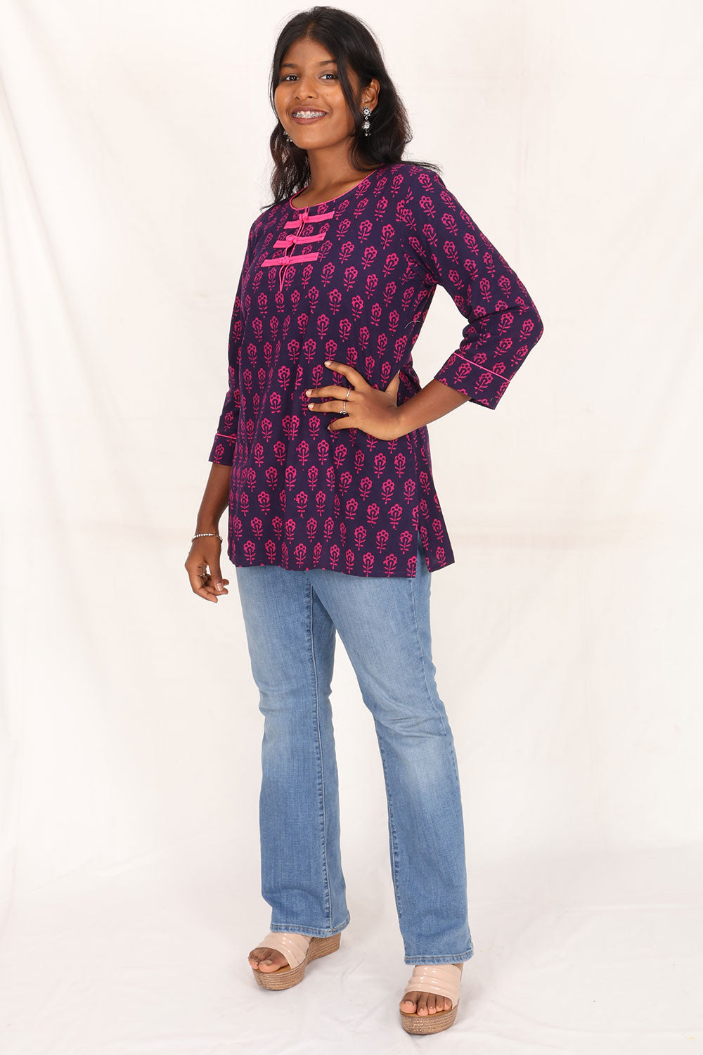 Purple Gamthi Print Cotton Kurti