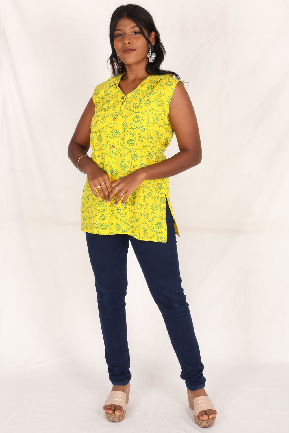 Yellow Gamthi Print Cotton Kurti 