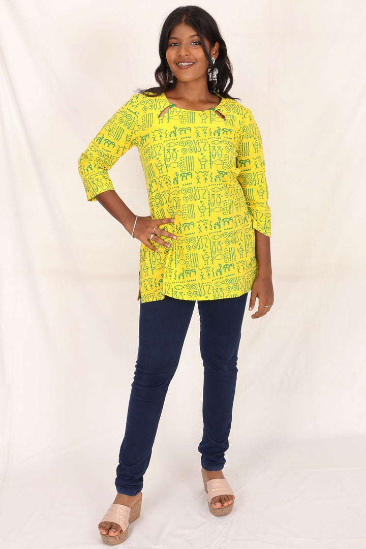 Yellow Gamthi Print Cotton Kurti 