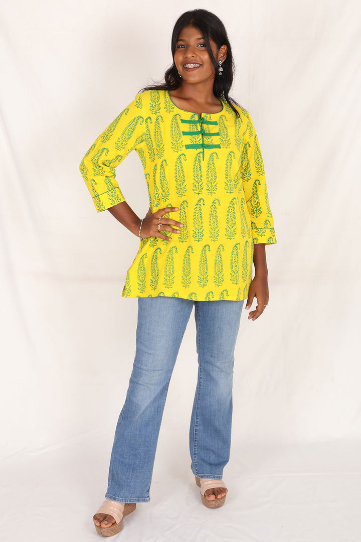 Yellow Gamthi Print Cotton Kurti 