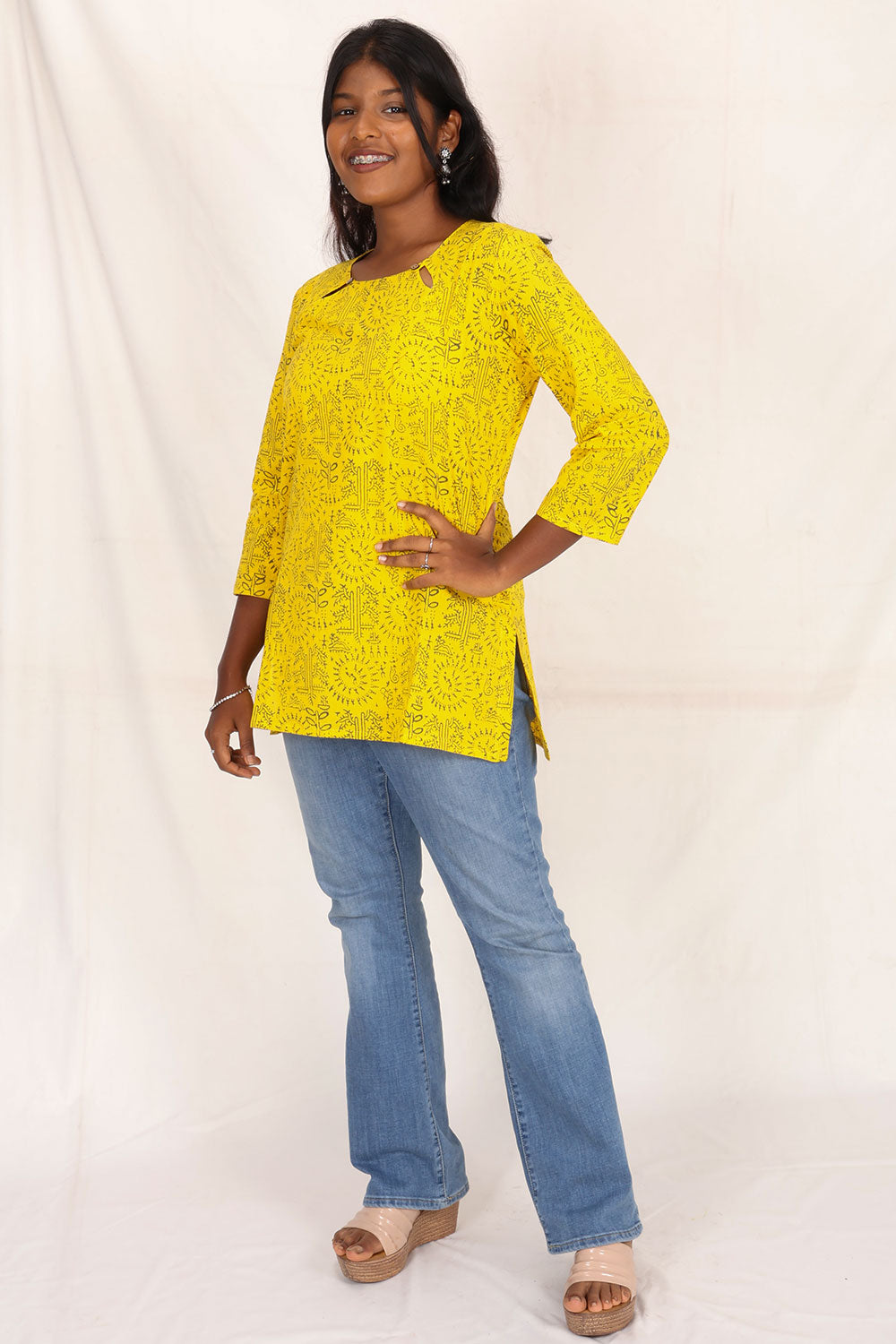 Yellow Gamthi Print Cotton Kurti 