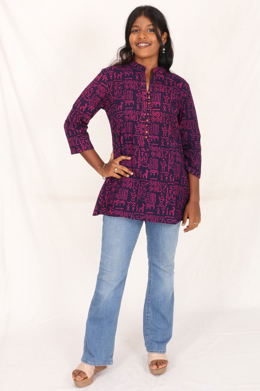 Purple Gamthi Print Cotton Kurti