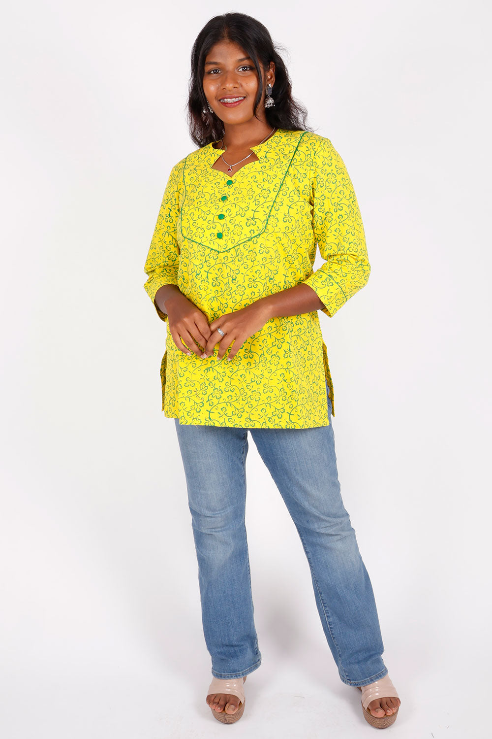 Yellow Gamthi Print Cotton Short Top